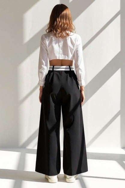 Pantalon Large Taille Haute | Noir avec Détail Contrastant | Style Audacieux et Élégant