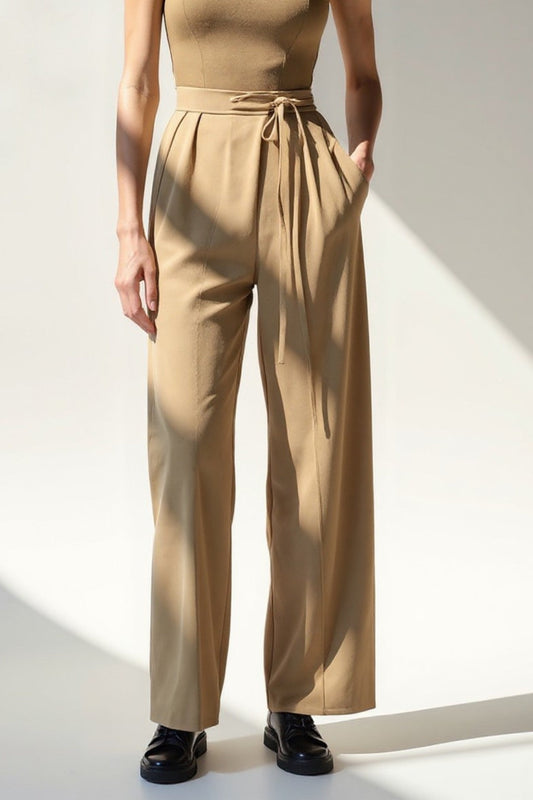 Pantalon Taille Haute Ceinturé | Noir, Beige & Blanc | Élégance Décontractée