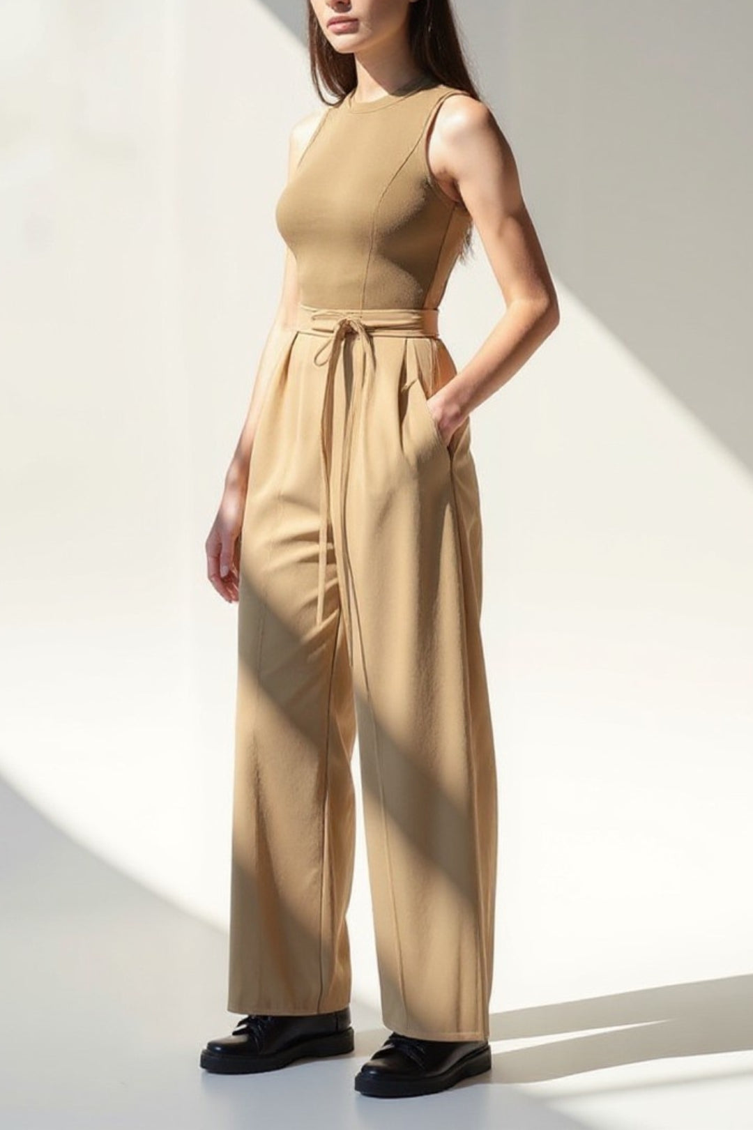 Pantalon Taille Haute Ceinturé | Noir, Beige & Blanc | Élégance Décontractée