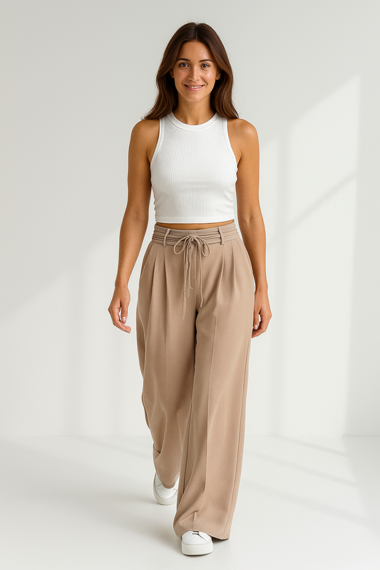 Pantalon Taille Haute Femme | Ceinture Liens | Ample et Élégant