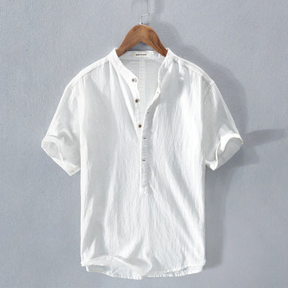 Paul - Chemise en Lin Homme Casual avec Col Mao et Manches Courtes Retroussées