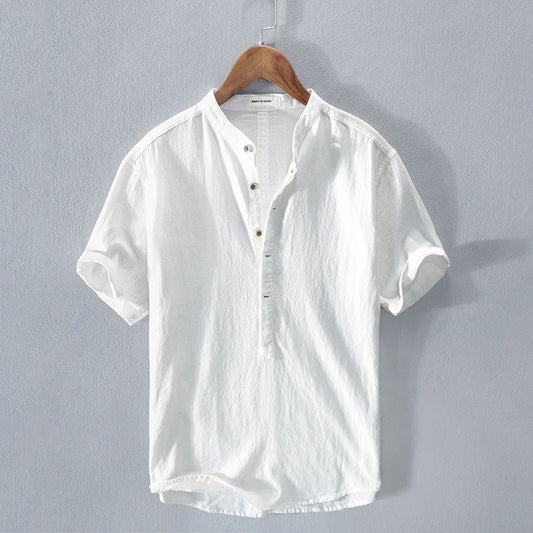 Paul - Chemise en Lin Homme Casual avec Col Mao et Manches Courtes Retroussées