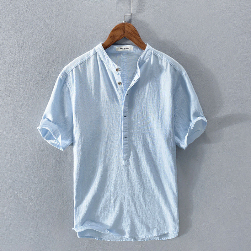 Paul - Chemise en Lin Homme Casual avec Col Mao et Manches Courtes Retroussées