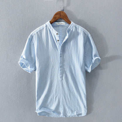 Paul - Chemise en Lin Homme Casual avec Col Mao et Manches Courtes Retroussées