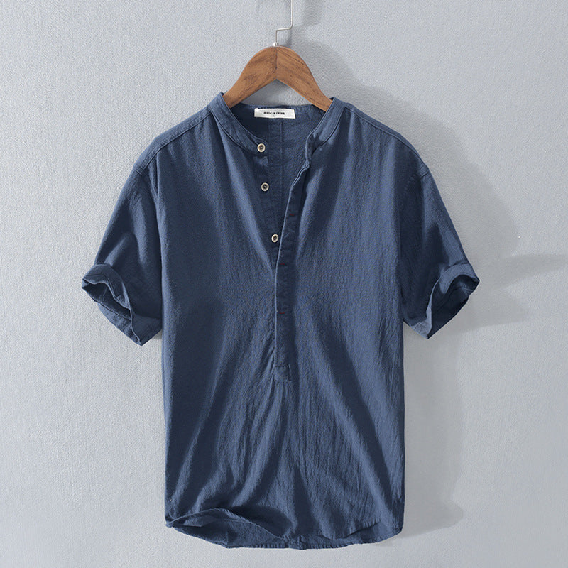 Paul - Chemise en Lin Homme Casual avec Col Mao et Manches Courtes Retroussées