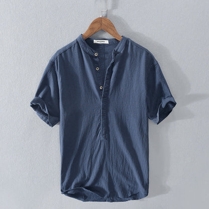 Paul - Chemise en Lin Homme Casual avec Col Mao et Manches Courtes Retroussées