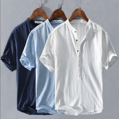 Paul - Chemise en Lin Homme Casual avec Col Mao et Manches Courtes Retroussées