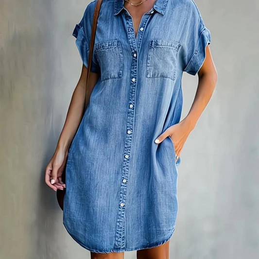 Pauline - Robe Chemise d'Été Femme à Boutons et Poches avec Manches Courtes Casual Décontractée