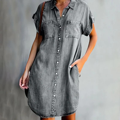 Pauline - Robe Chemise d'Été Femme à Boutons et Poches avec Manches Courtes Casual Décontractée