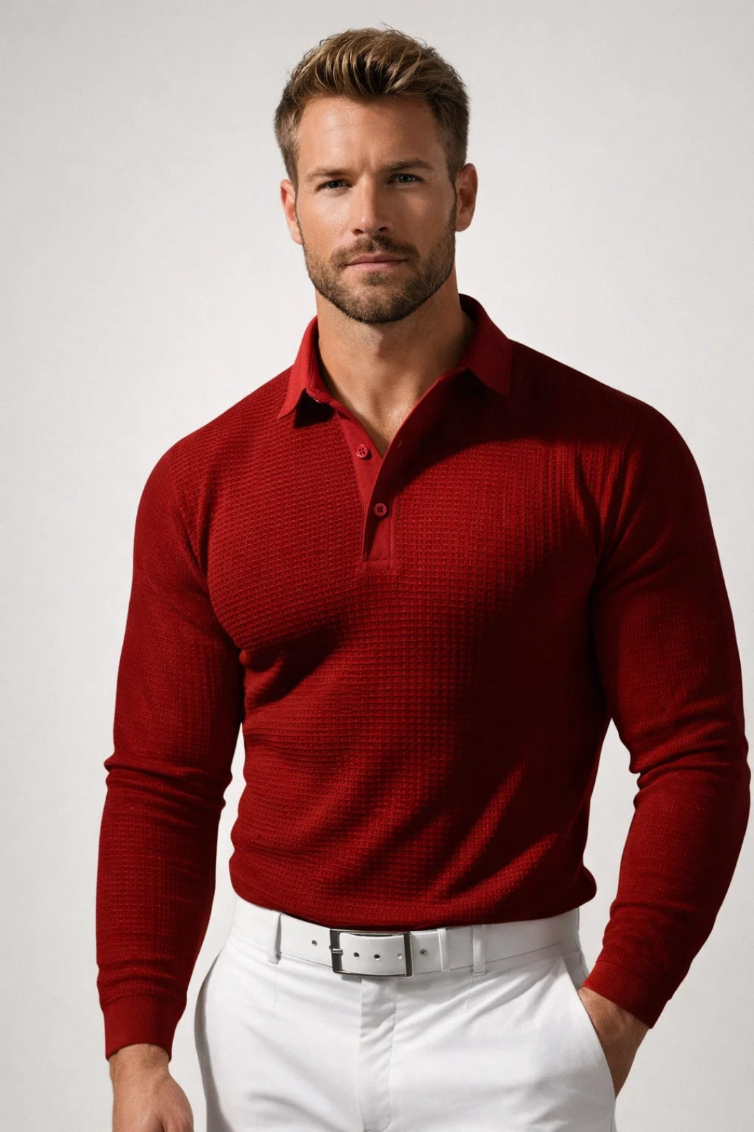 Polo Homme manches longues | élégant & minimal | maille texturée raffinée pour Printemps