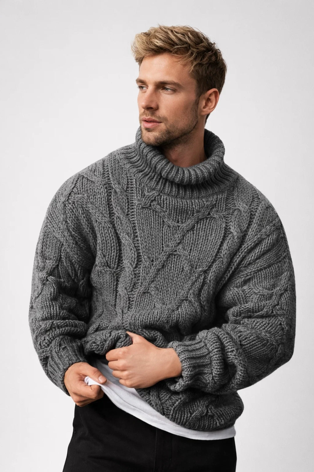 Pull col roulé Homme | élégant & classique | maille torsadée épaisse pour Hiver