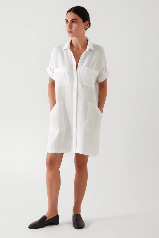 Robe-chemise courte à manches retroussées | Robe boutonnée à poches plaquées | Légère et respirante