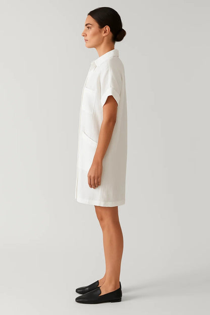 Robe-chemise courte à manches retroussées | Robe boutonnée à poches plaquées | Légère et respirante
