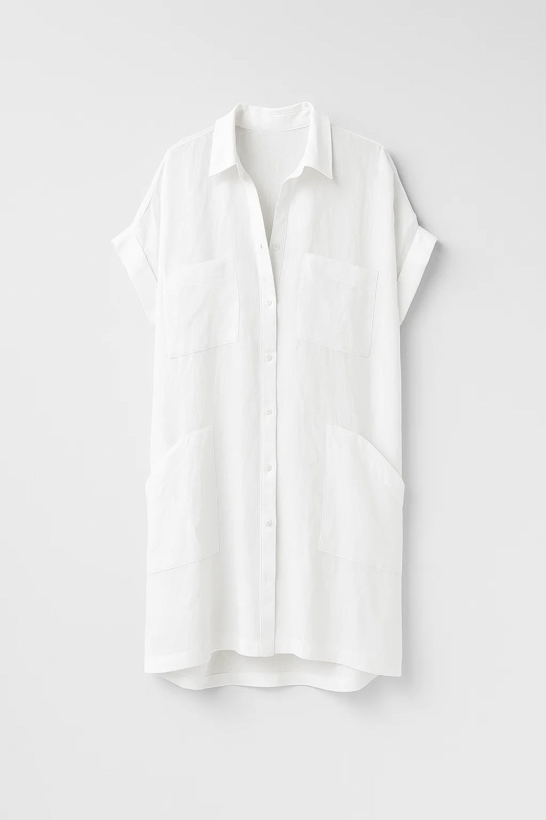 Robe-chemise courte à manches retroussées | Robe boutonnée à poches plaquées | Légère et respirante