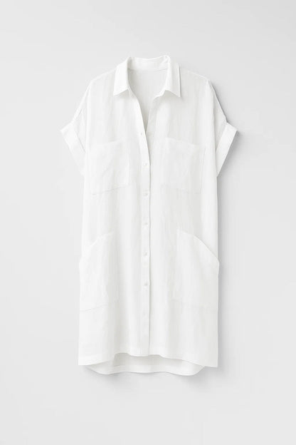 Robe-chemise courte à manches retroussées | Robe boutonnée à poches plaquées | Légère et respirante