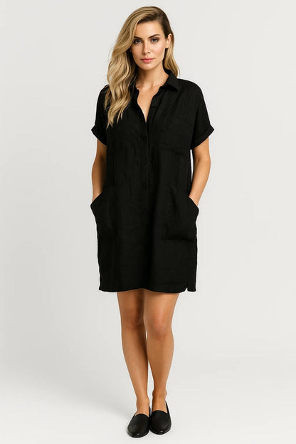 Robe-chemise courte à manches retroussées | Robe boutonnée à poches plaquées | Légère et respirante