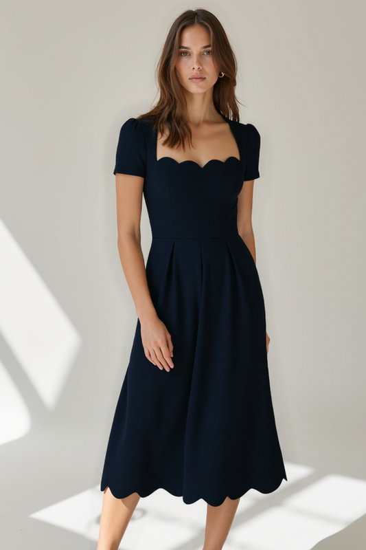 Robe Mi-Longue Femme | Décolleté Vague Élégant | Jupe Évasée Structurée