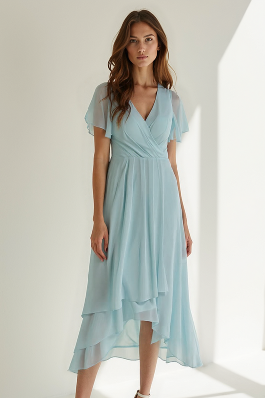 Robe Midi Femme | Décolleté Cache-Cœur | Voile Fluide en Chiffon