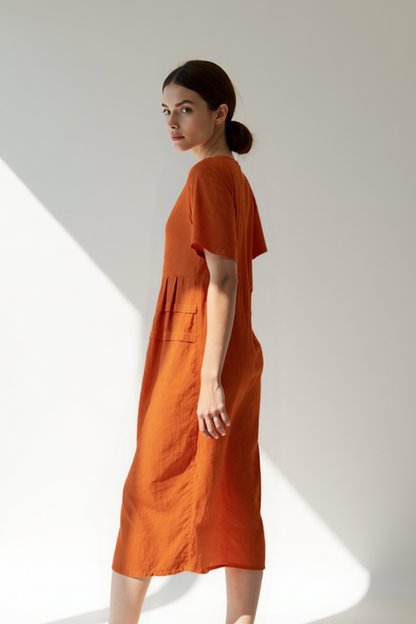 Robe Midi Femme | Coton & Lin Naturel | Coupe Ample avec Poches