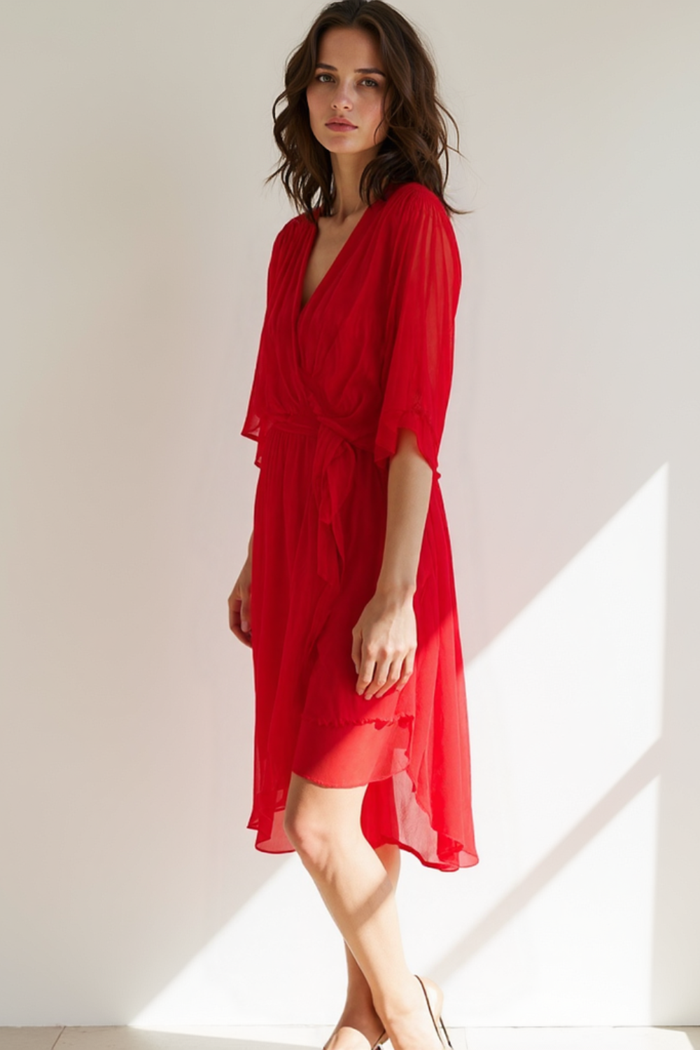 Robe Midi Femme | Ceinture à Nouer | Tissu Chiffon Léger