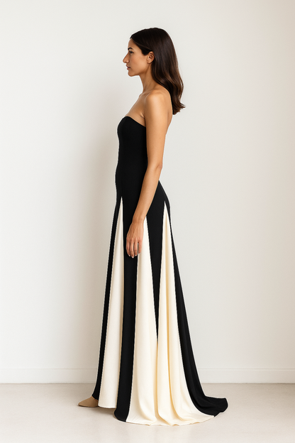 Robe Longue Femme | Bustier Élégant | Tissu Satiné Bicolore