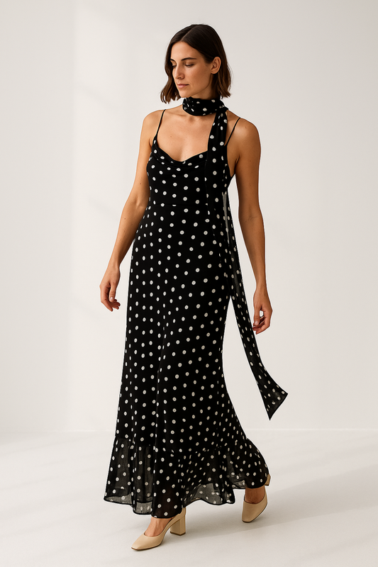 Robe Longue Femme | Imprimé à Pois Élégant | Bretelles Fines