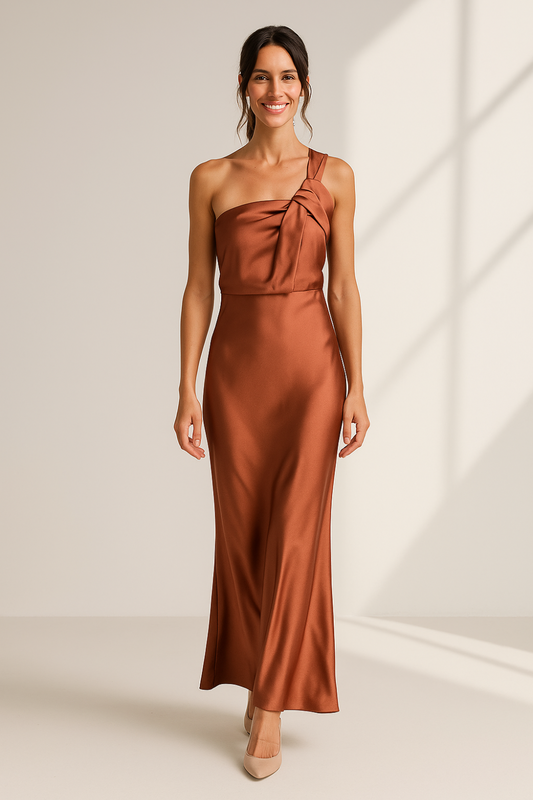 Robe Longue Femme | Épaule Asymétrique | Satin Fluide et Élégant