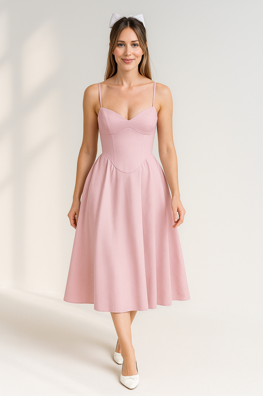 Robe Mi-Longue Femme | Corset Élégant | Bretelles Fines et Fluide