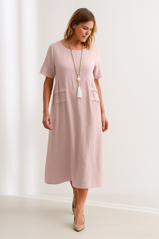 Robe Midi Femme | Coton & Lin Naturel | Coupe Ample avec Poches