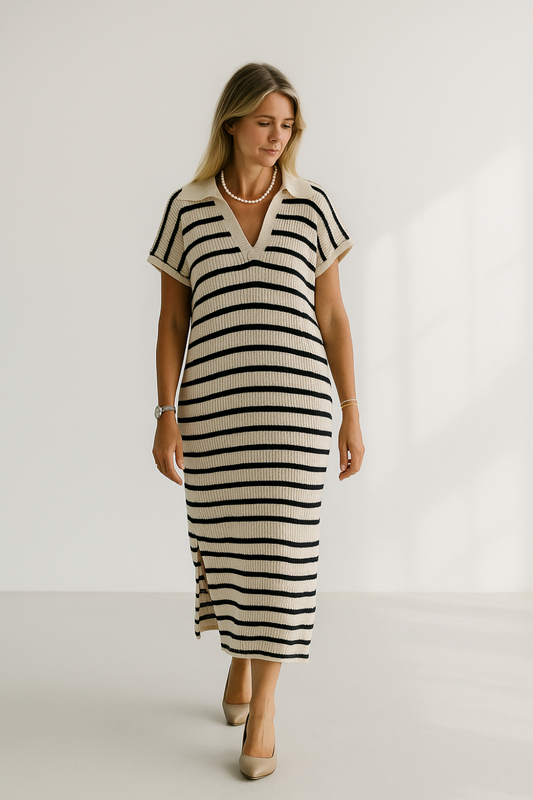 Robe Midi Femme | Maille Rayée Chic | Tissu Soie Rafraîchissante