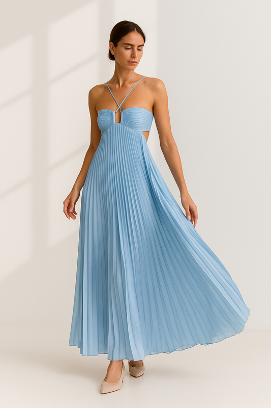 Robe Plissée Femme | Dos Nu Élégant | Tissu Fluide Satiné