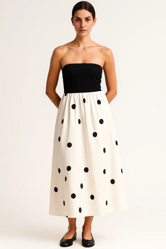 Robe Bustier Longue | Taille Haute | Motif à Pois
