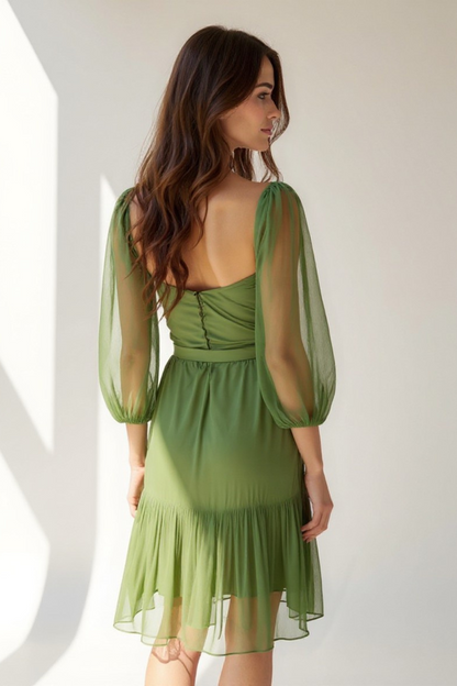 Robe Courte Femme | Bustier & Manches Volantes | Chiffon Vert Éclatant