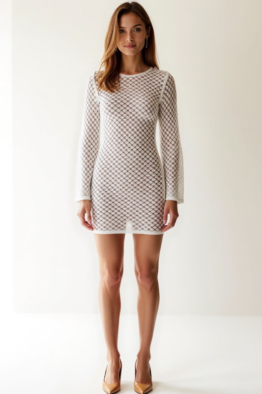 Robe Courte Femme | Crochet Ajouré | Manches Évasées et Effet Filet