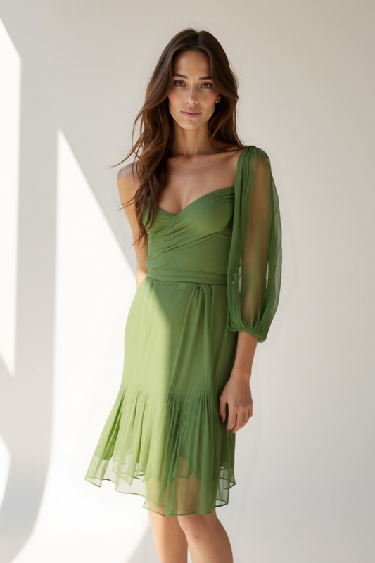 Robe Courte Femme | Bustier & Manches Volantes | Chiffon Vert Éclatant