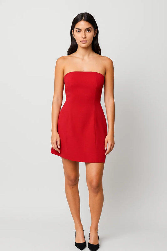 Robe Courte Sans Bretelles | Noeud Dos | Rouge Élégant