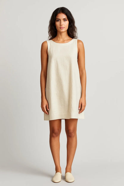 Robe Courte Sans Manches en Lin | Coupe Droite | Élégance Décontractée