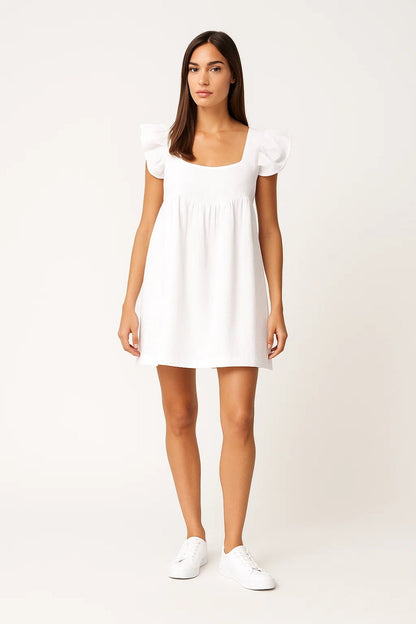 Robe Courte à Volants | Coton Gaufré | Blanc Été