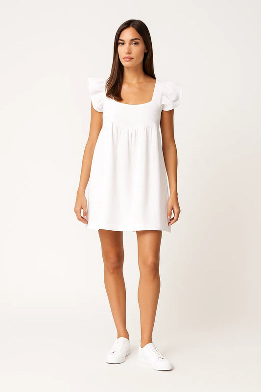 Robe Courte à Volants | Coton Gaufré | Blanc Été