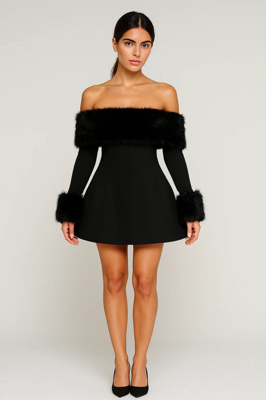 Robe Courte Épaules Dénudées | Élégante | Détails en Fausse Fourrure