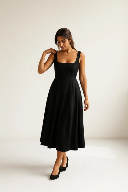 Robe Évasée Femme | Encolure Carrée Élégante | Tissu Fluide Stretch