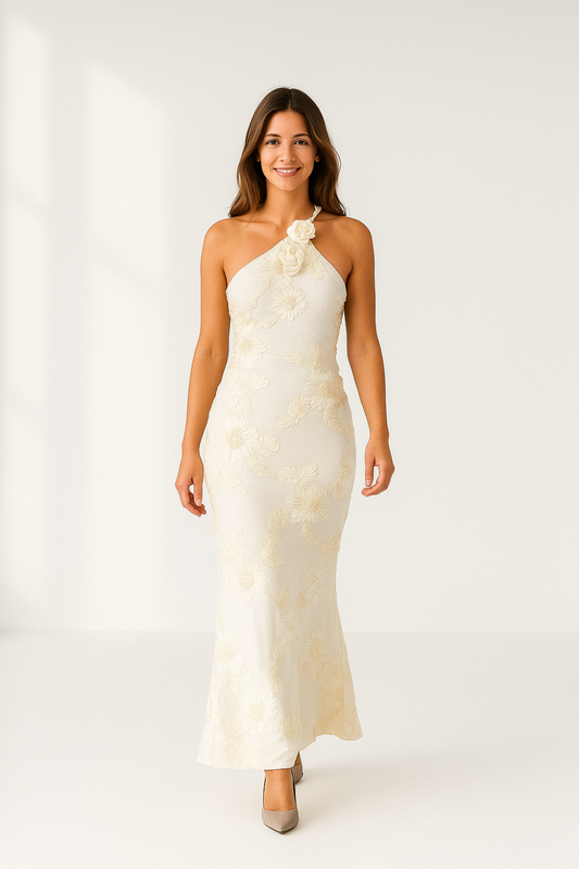 Robe Longue Femme en Coton | Dos Nu Élégant | Broderies Florales