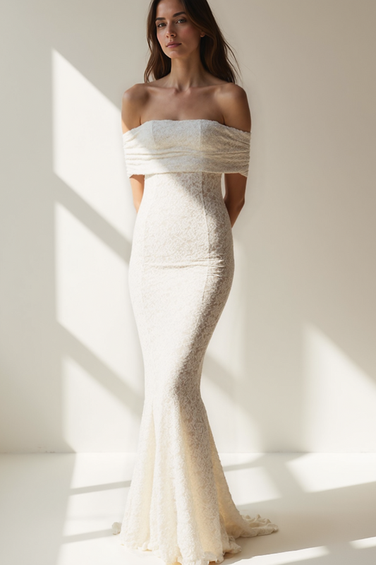 Robe Longue Femme | Épaules Dénudées | Dentelle Florale Stretch