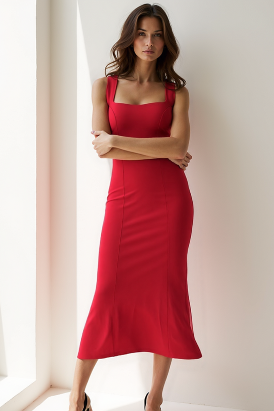 Robe Évasée Femme | Encolure Carrée Élégante | Tissu Structuré Fluide