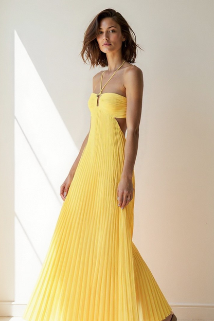 Robe Plissée Femme | Dos Nu Élégant | Tissu Fluide Satiné