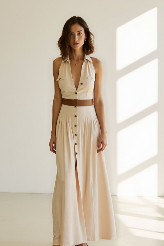 Robe Longue Femme | Boutonnée Élégante | Coupe Fluide Sans Manches