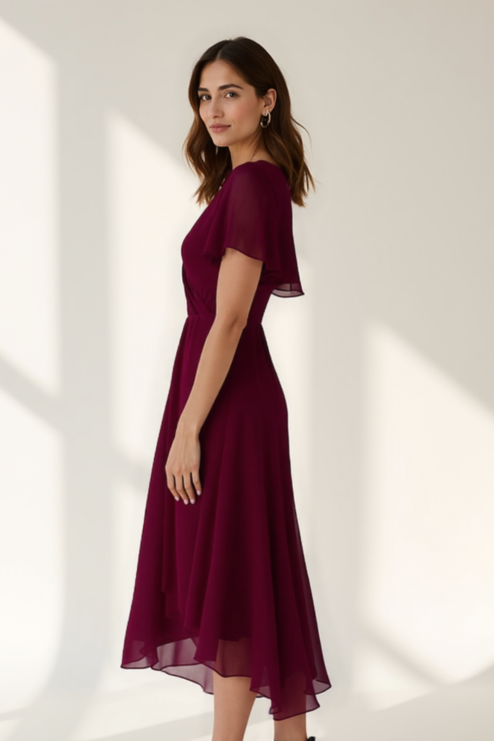 Robe Midi Femme | Décolleté Cache-Cœur | Voile Fluide en Chiffon