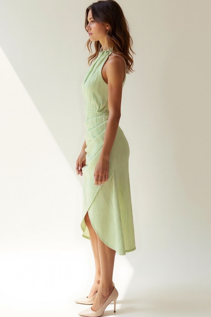 Robe Midi Femme | Col Haut Froncé | Fente Croisée Élégante