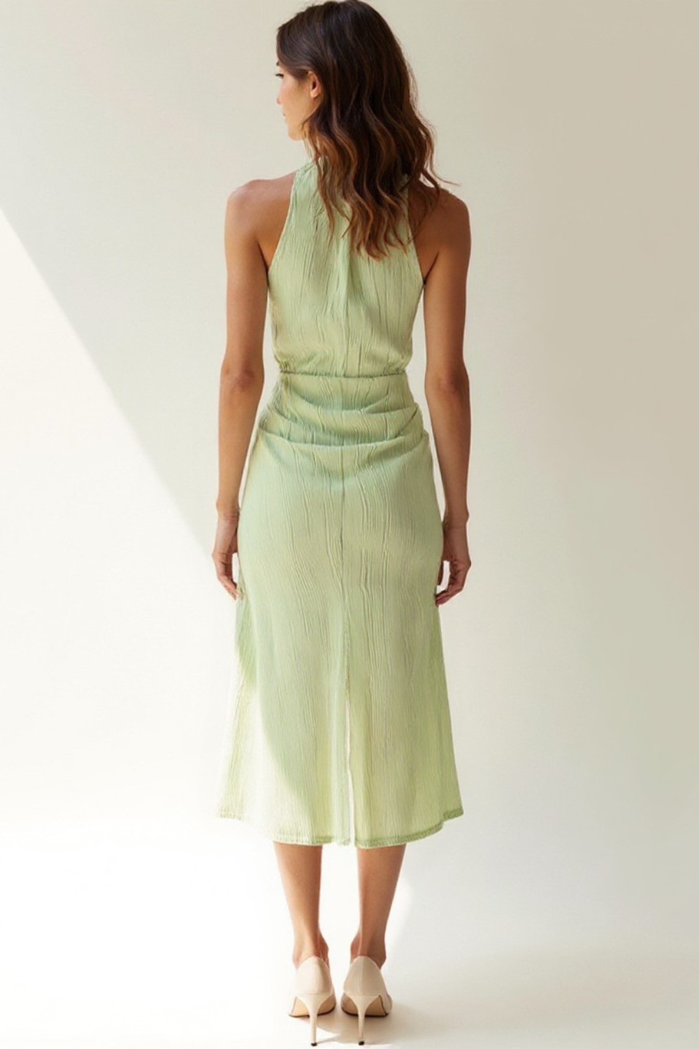 Robe Midi Femme | Col Haut Froncé | Fente Croisée Élégante