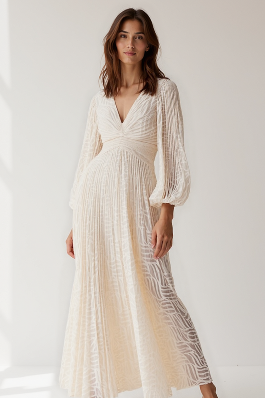 Robe Longue Femme | Manches Bouffantes | Tissu Chiffon Texturé